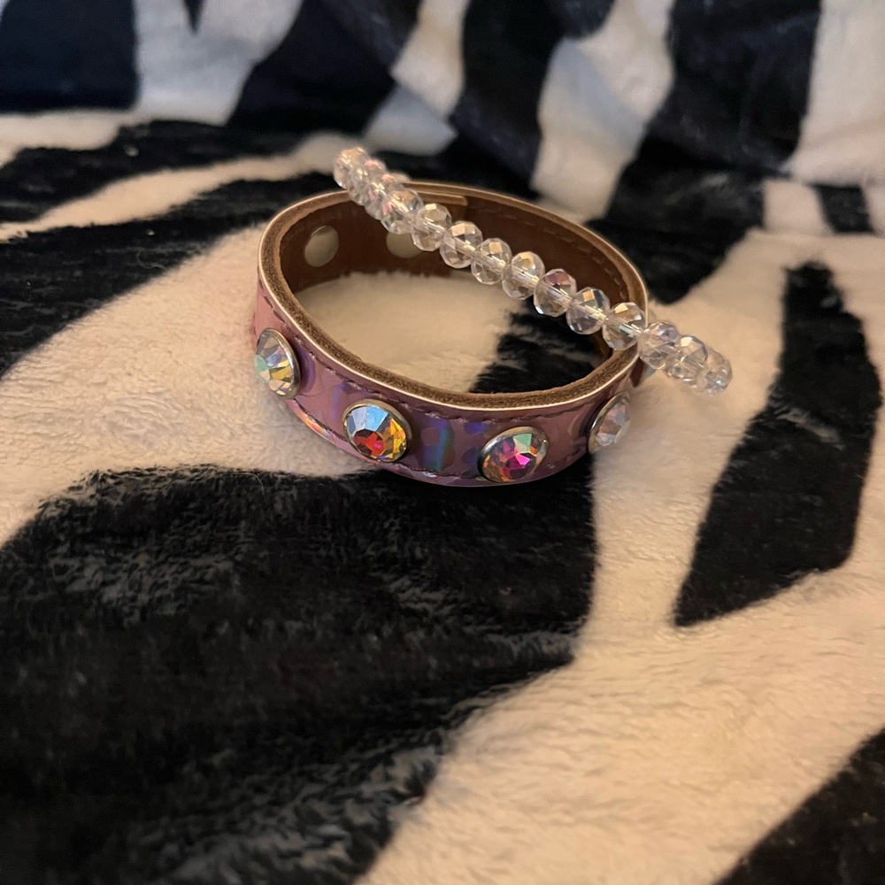 Slim AB Statements crystal and Leather Cuff Bracelet Stack with Rhinestones